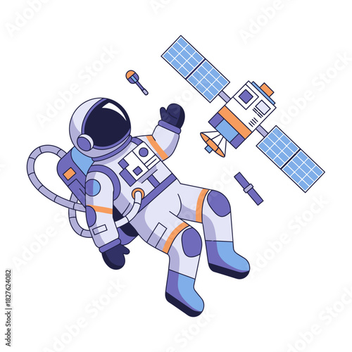 Astronaut floating in space near a communication satellite