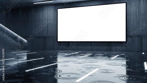 Modern interior with blank screen, wet floor, and staircase.