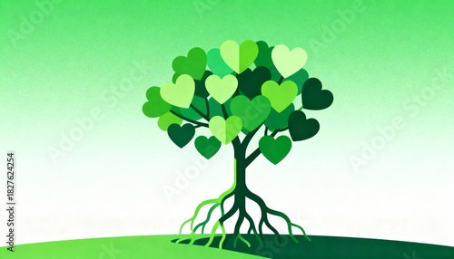 Small Generic Tree with Heart-Shaped Leaves and Intertwined Roots in Vivid Green Colors for Creative Illustrations