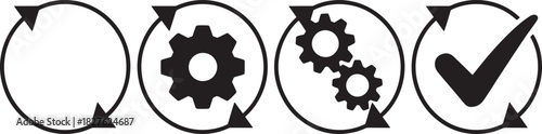 Four Icons Showing Circular Arrows, Gears, and Checkmark on White Background process workflow