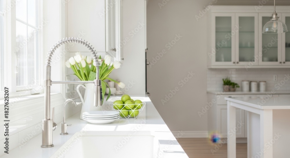 Fototapeta premium Wide-frame counter scene with airy kitchen diffusion white