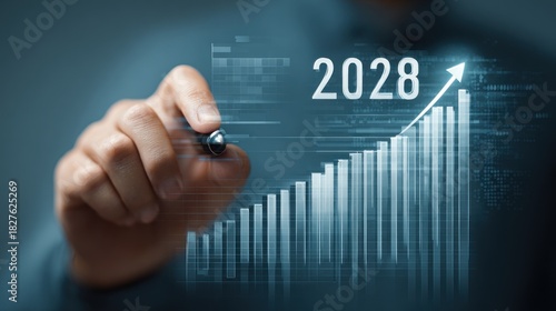 Hand drawing a glowing bar graph with the year 2028, symbolizing future growth and business success.