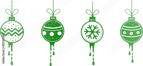 Green dripping Christmas ornament vector set featuring festive baubles, holiday ornaments, decorative shapes, shiny icons, vector design