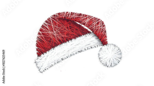 Red Santa hat vector illustration featuring fluffy trim, holiday cap icon, festive hat shape, classic Christmas accessory design