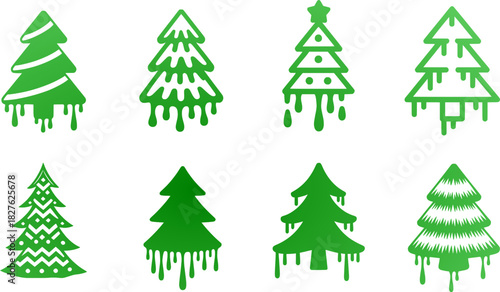 Green dripping Christmas tree vector set featuring stylized evergreens, tree icons, holiday shapes, winter elements, festive decorative design