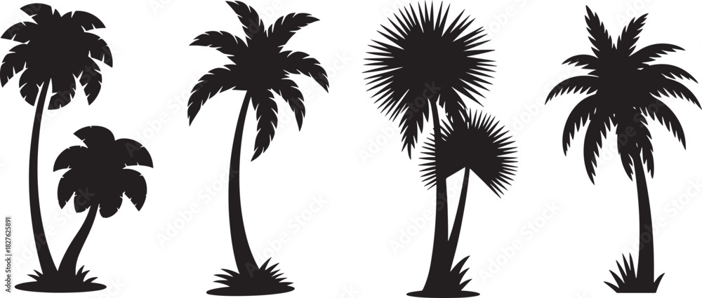 Fototapeta premium Four Silhouettes of Palm Trees on a White Background Keywords: palm tree, silhouette, tropical, tree