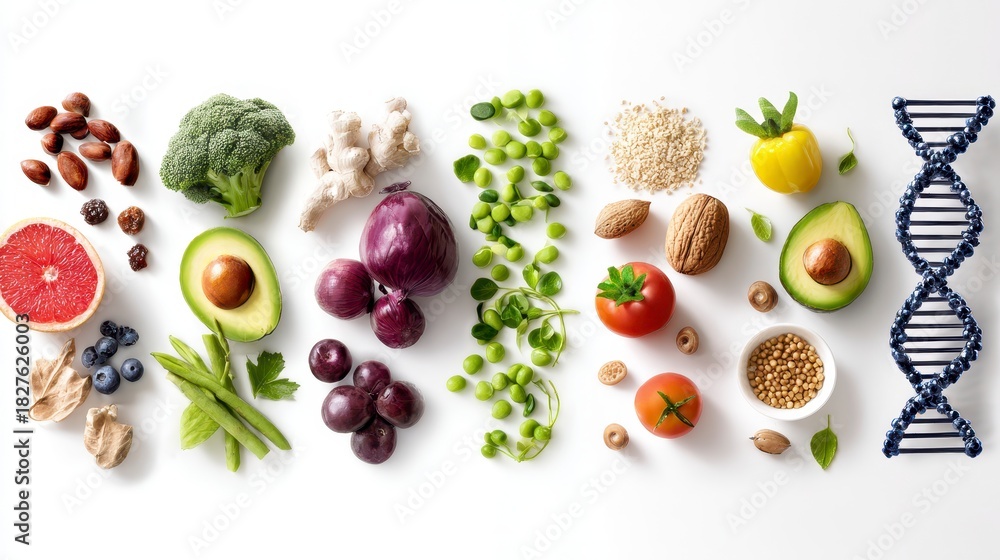 Fototapeta premium Healthy food superfood avocado broccoli tomato nuts seeds grapes onion green peas grapefruit yellow bell pepper blueberries ginger oat soybean DNA model nutritious diet natural ingredients fresh