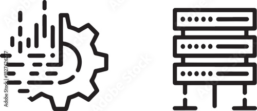 Gear with data stream and server rack icons for technology cogwheel