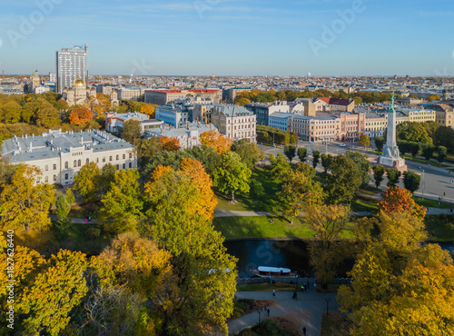 Riga, Latvia – Aerial view of the city center with the boulevard ring and Old Town (Vecriga) on a sunny autumn day