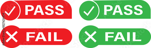 Prpass fail icon set, Passed and Failed Status Buttons, Green check mark and red cross icons symbol, Approve and reject web interface element vector illustration,
int