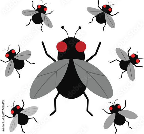 Cartoon Fly Swarm Illustration – Insect Vector Icon Set