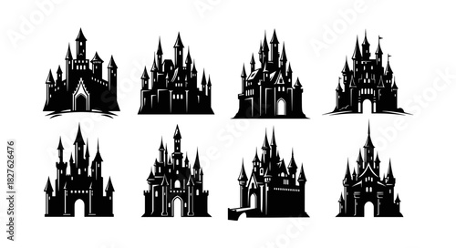 Collection of Eight Gothic Castle Silhouettes on White Backgroun