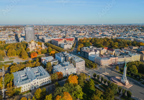 Riga, Latvia – Aerial view of the city center with the boulevard ring and Old Town (Vecriga) on a sunny autumn day