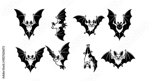 Collection of eight black bat illustrations in various poses.