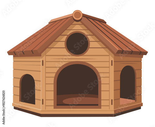 A charming wooden dog house with a gable roof and circular opening