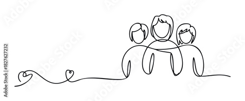 Abstract continuous line drawing of a family group hugging and a heart shape, representing unity, love, and connection, perfect for expressing relationships and support.