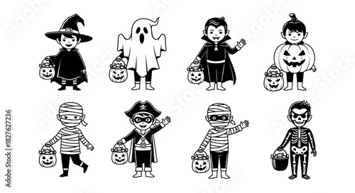 Set of cute cartoon Halloween characters in costumes holding can