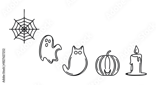 Whimsical Halloween symbols including a spiderweb, ghosts, pumpkin, and candle for spooky celebration graphic assets