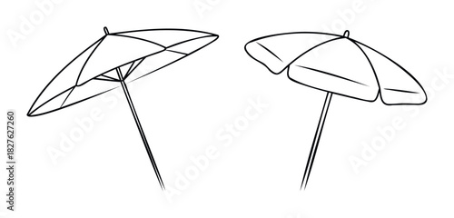 Two distinct beach umbrellas depicted as simple line drawings in black ink, representing protection from the sun and summer leisure activities.
