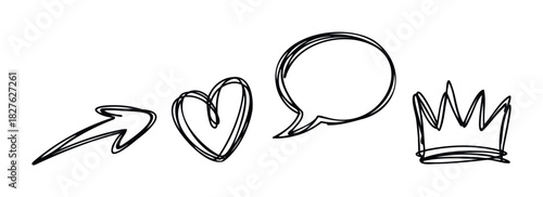 Hand drawn sketchy symbols including an arrow, heart, speech bubble, and crown for communication, love, ideas, and royalty concepts perfect for web graphics and design projects
