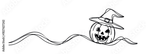 Whimsical Halloween pumpkin with witch hat and flowing wavy lines creating a festive and playful atmosphere perfect for holiday promotions and celebrations