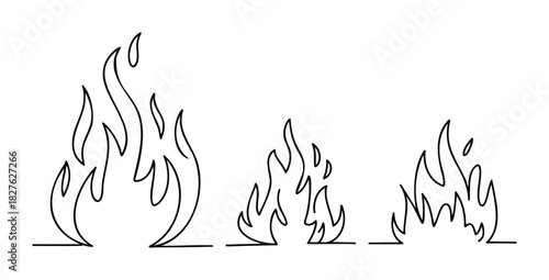 Set of hand drawn flame outlines representing different sizes of fire, perfect for adding a fiery visual element to graphics and designs.