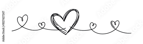 A continuous black line forming connected hearts symbolizing love and connection for Valentines Day or relationship themes, perfect for greeting cards and romantic social media posts