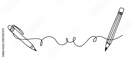 Continuous line drawing shows a pen and pencil connected by a flowing script, representing writing, communication, or creativity for graphic projects.
