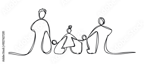 Continuous line drawing of a family holding hands, symbolizing unity and connection, perfect for themes of love, togetherness, and support in your projects
