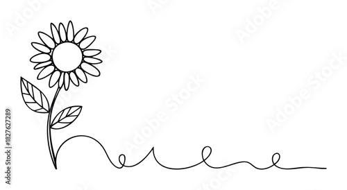 Simple continuous line drawing of a sunflower with leaves and a flowing vine representing growth and nature, perfect for organic branding and floral themes.
