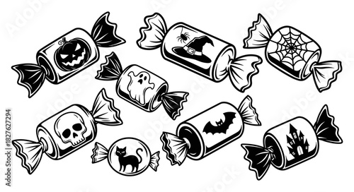 Halloween candy wrappers with spooky designs and illustrations.