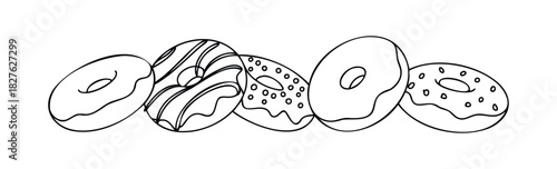A simple line drawing of five assorted donuts arranged in a horizontal row, perfect for food service menus, bakery promotions, and sweet treat related marketing.
