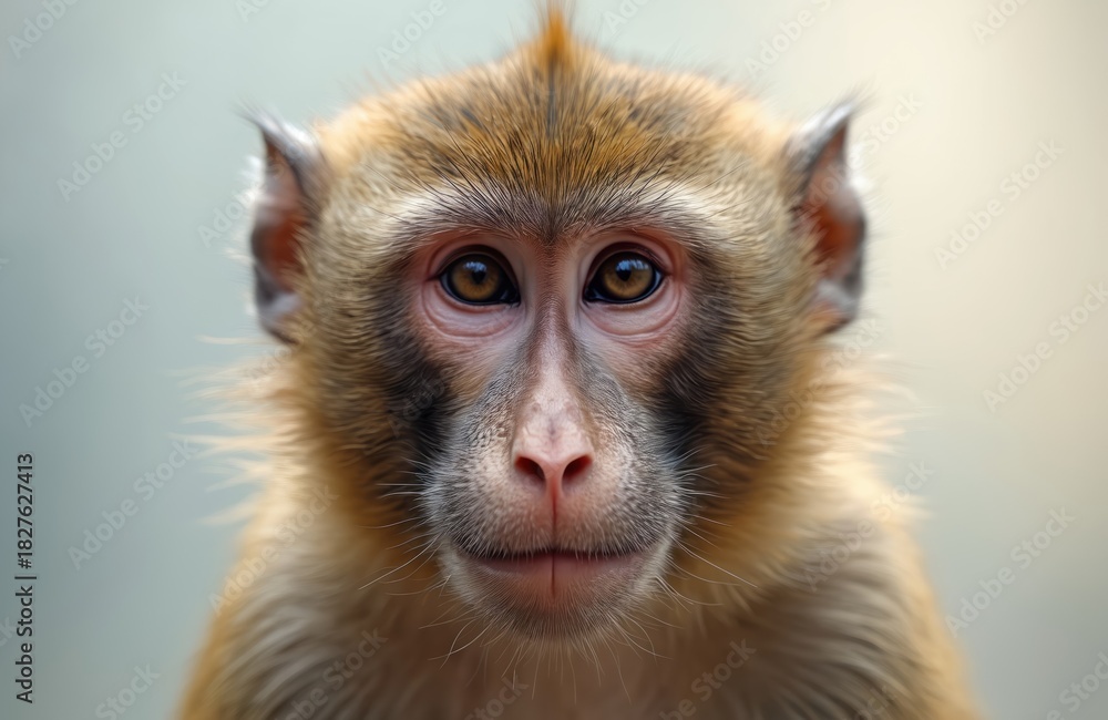 Obraz premium Close up portrait of monkey face. Macaque primate with brown fur looks directly forward. Wild animal expressive eyes, pink nose. Nature wildlife animal in focus. Young curious macaque observes