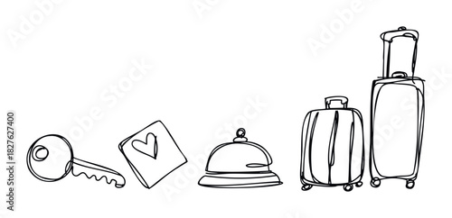 Minimalist line art hotel icons including key, luggage, and bell, ideal for travel websites and hospitality branding concepts