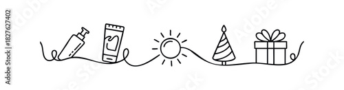 Simple linear icons of sunscreen, sun, party hat, and gift box connected by a wavy line for summer vacation or holiday celebration themes.
