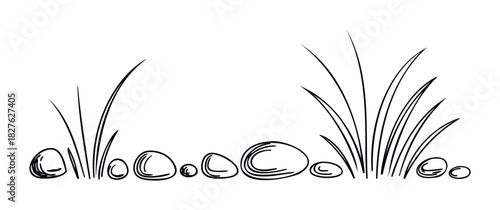 Hand drawn outline of pebbles and grass blades for nature scene creation or abstract organic background, simple sketchy style on white