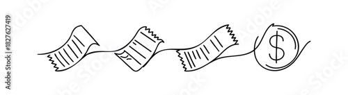Continuous line drawing of torn receipts connected to a dollar coin symbol, representing financial transaction costs or lost money, ideal for finance and business topics.