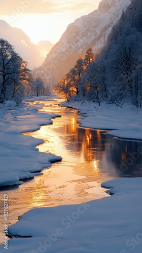 A beautiful winter landscape with a river reflecting the golden light of the setting sun. Snow covers the banks and mountains.