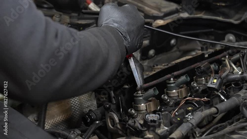 Mechanic repairing car engine fuel injectors