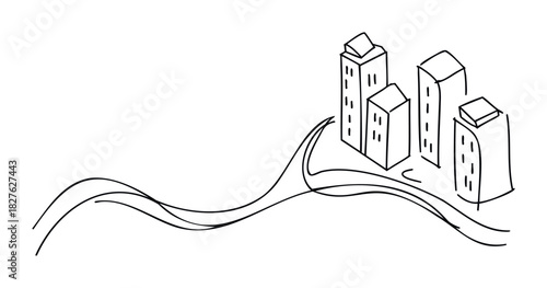 Minimalist line drawing depicts stylized cityscape with winding roads, symbolizing urban development and journey, perfect for concept visuals and business themes.