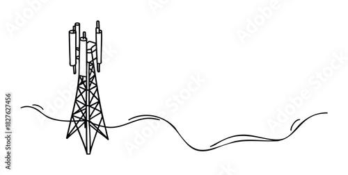 Communication tower with antennas transmitting signals across a stylized landscape, perfect for representing wireless technology and connectivity concepts in various media projects.