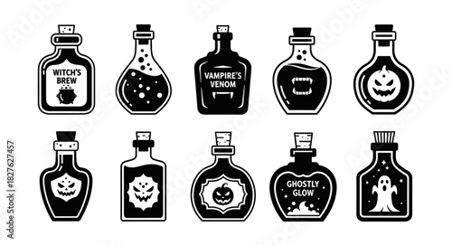 Collection of Halloween Potion Bottles with Spooky Labels and Co