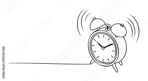 Minimalist single line drawing of a vintage alarm clock ringing with sound waves, perfect for representing time, urgency, or morning wakeup calls in graphic design projects.
