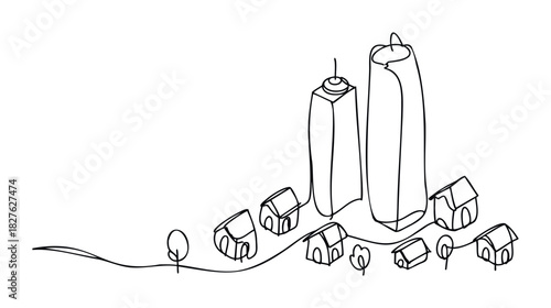 Minimalist continuous line drawing of tall modern skyscrapers and small suburban houses creating a cityscape concept useful for urban development and real estate themes.