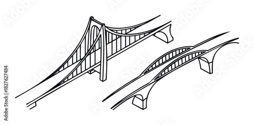 Two striking bridge structures, a suspension bridge and an arched bridge, presented in a minimalist black and white line drawing for architectural concept and construction industry