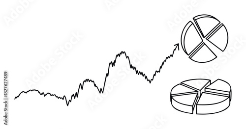 Line drawing depicting a stock market graph showing upward trend with pie charts illustrating financial growth and analysis for business presentations and financial reports.