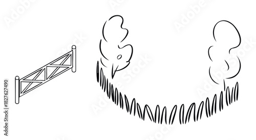 Simple line drawing of a farm fence and stylized trees with grass for agricultural or rural theme projects.