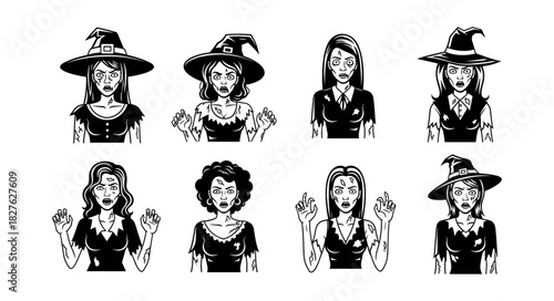 Set of Eight Spooky Halloween Witch and Zombie Characters in Bla