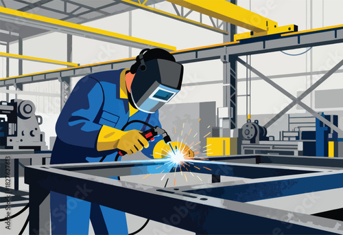 A worker in a factory welds metal in a protective suit and mask, creating sparks. Industrial scene