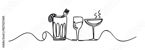 One line drawing of various drinks and cutlery presented at a festive event, perfect for menus, invitations, and social media promotions celebrating beverages and hospitality.